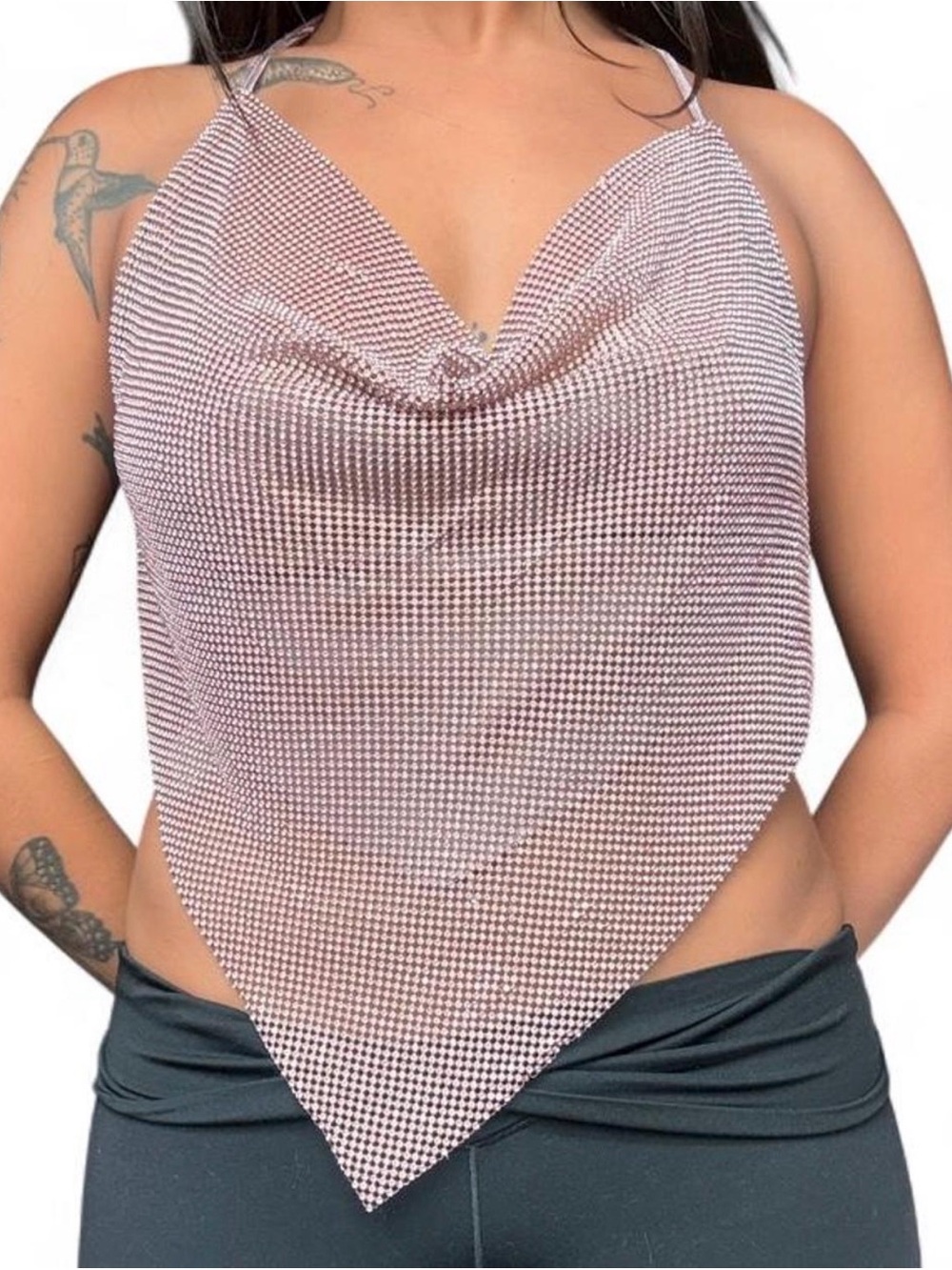 Sequin Handkerchief Cowl Neck Tank Top - Blush Pink